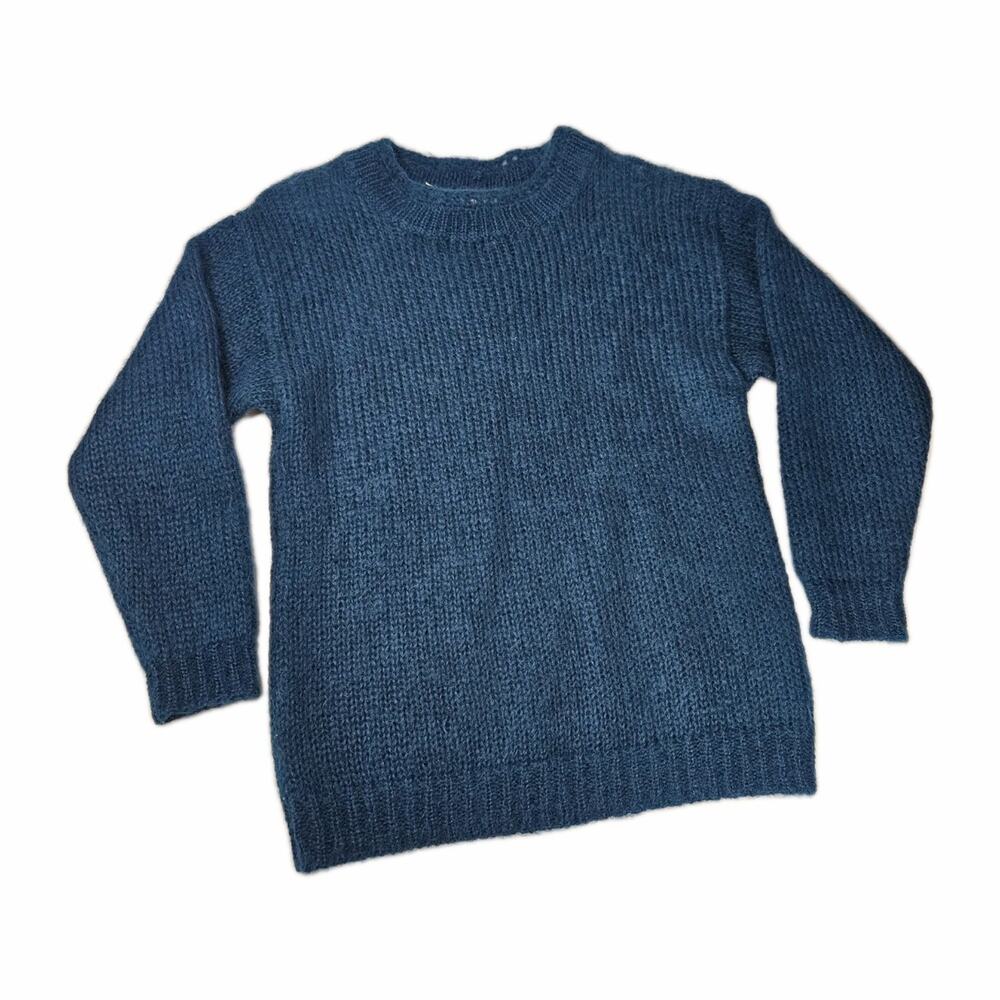 Vintage 80s Mohair Wool Blend Pullover Knit Sweater Blue Mod Retro Medium